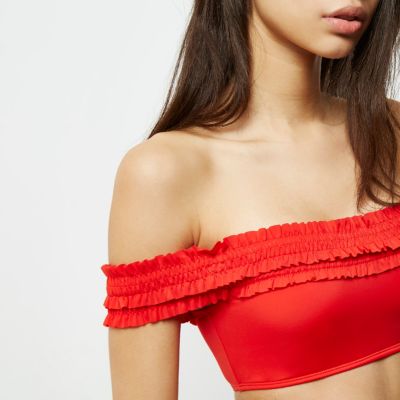 Red shirred bardot bikini top